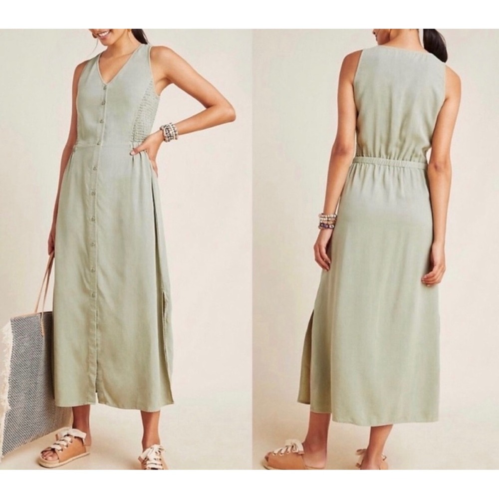 Cloth & Stone Matcha Button Front Maxi Dress Womens Sage Green XL Smocked